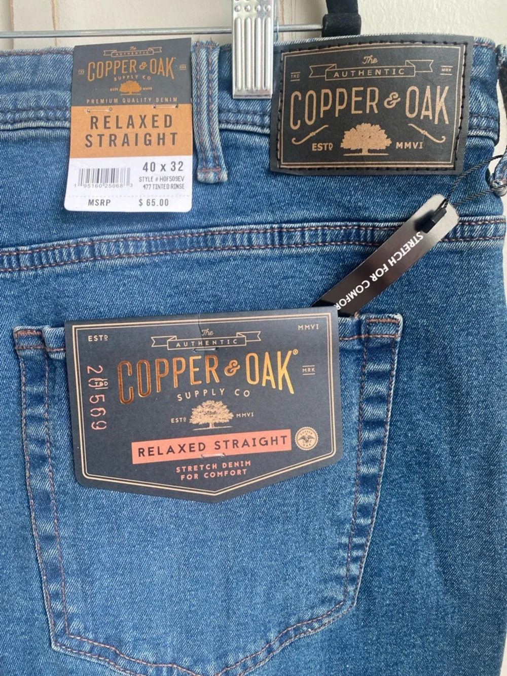 Copper & Oak Relaxed blue tinted rinse Straight Jeans 40 X 32 NEW WITH TAG